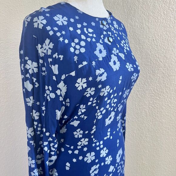Batik Keris Dress Sz Medium Kaftan Royal Blue Floral Print Tie Waist Wax Process - Picture 5 of 15